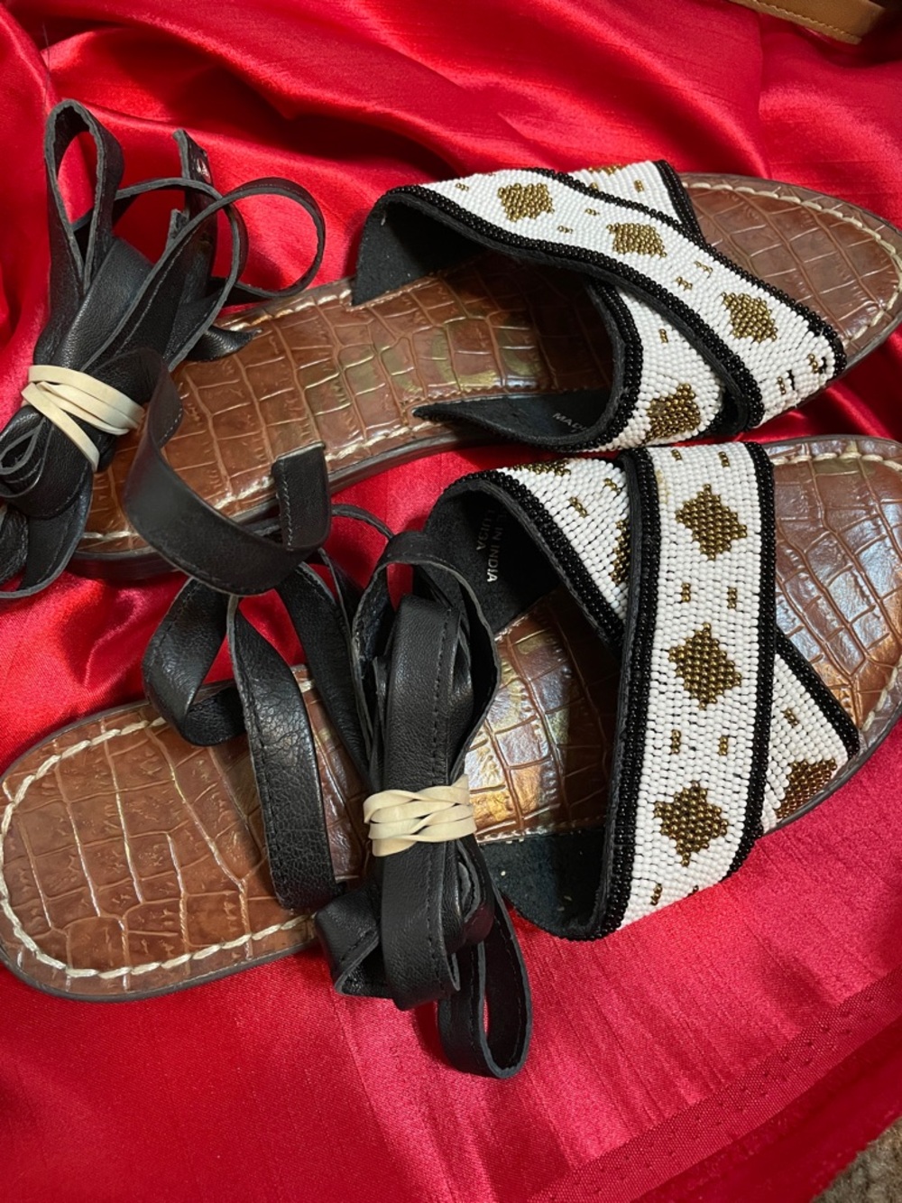 Sam Edelman Black, White and Brown Beaded Ankle-Tie Sandals missing beads see ph